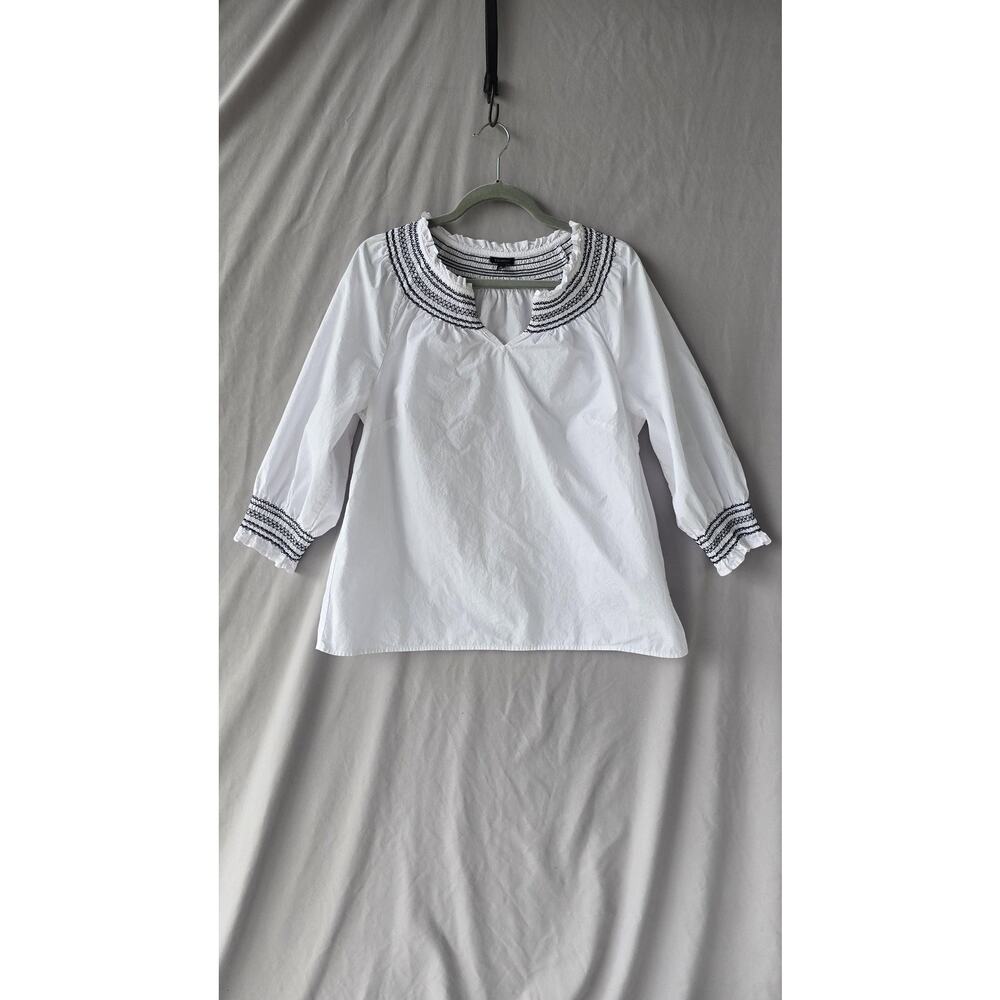Talbots Blouse Womens Large White Embroidered Smocked Neck 3/4 Sleeve Tunic Top